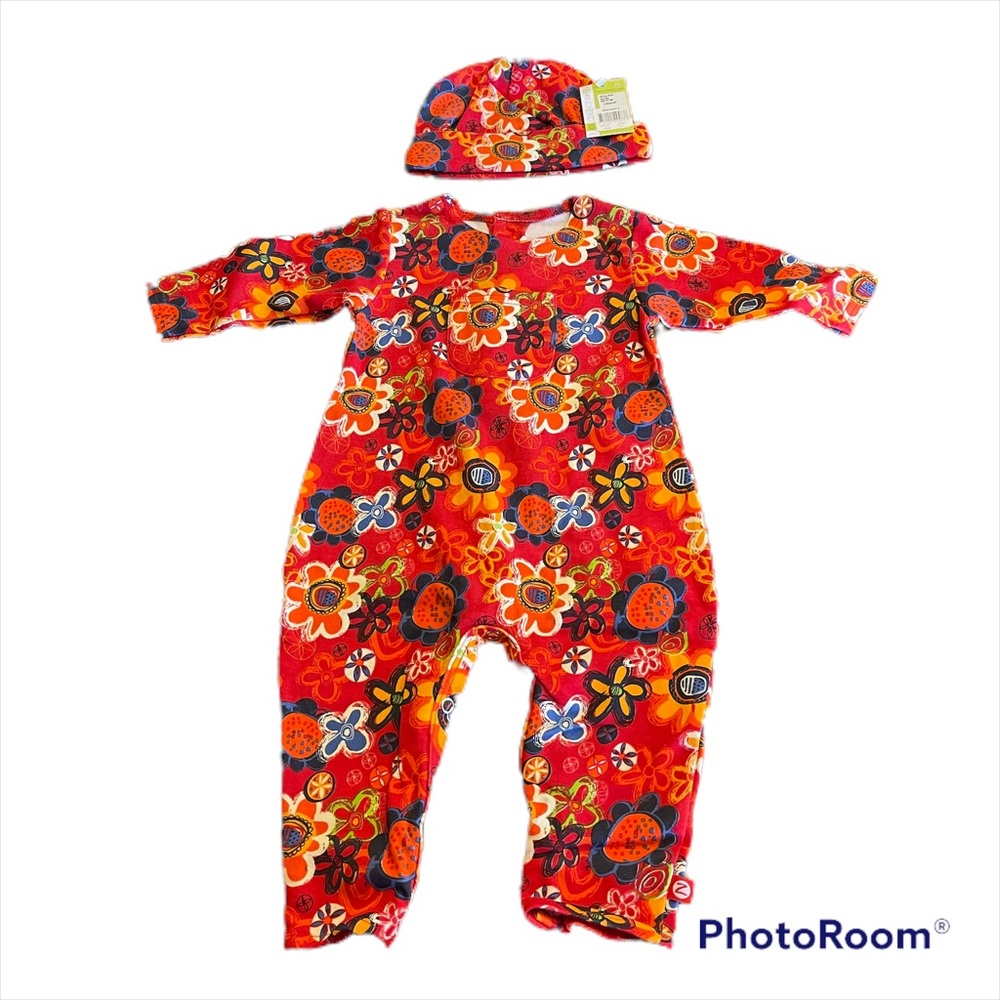 Zutano Baby Florilee Cotton Coverall Onesie 0-6 Months and Hat 12-18 Months